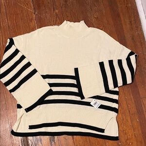 Striped Black and Cream Women's Sweater with Wide Sleeves